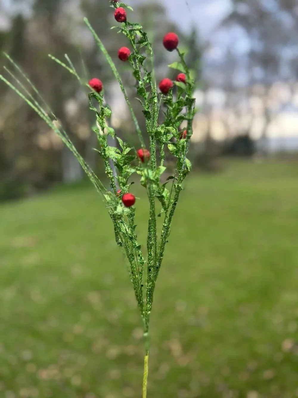 David Christopher Glittered Boxwood Berry Grass Spray Stem Christmas Pick